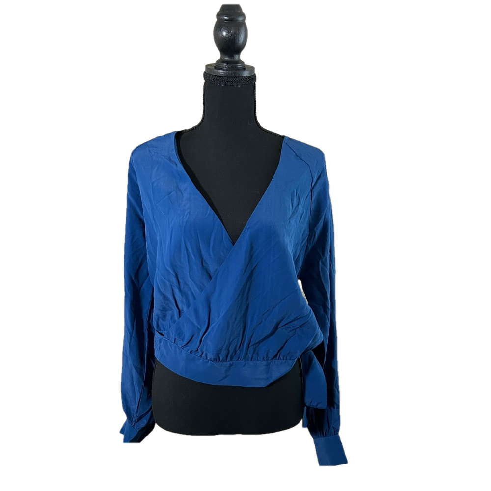 7 for All Mankind V-Neck Royal Blue Wrap Blouse with Waist Tie, Size Small